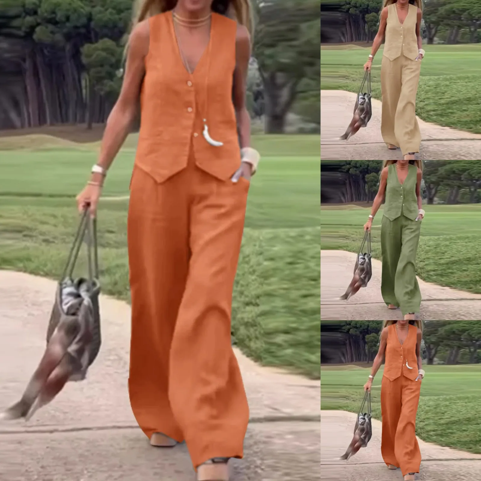 Woman Elegant 2-Piece Sets Casual Solid Cotton Linen Button Sleeveless Vest Shirt Wide Leg Trousers With Pockets Fashion Suit