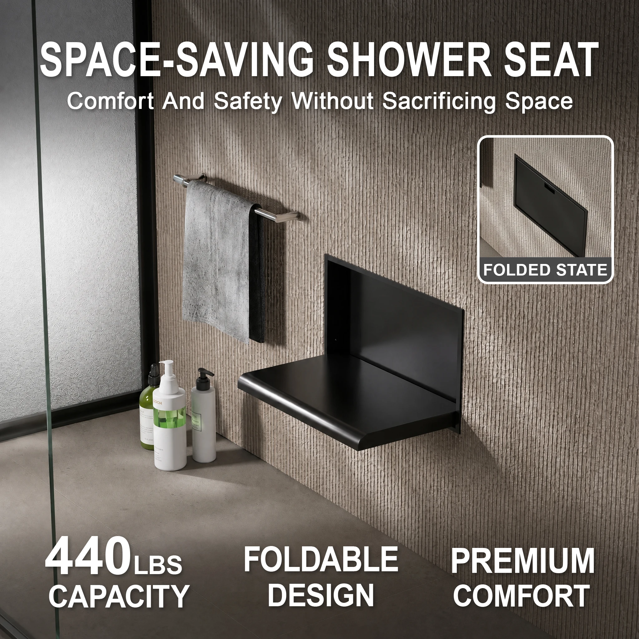 New Arrival Compact Shower Seat Elderly Heavy Wall-Mounted Aluminum Base 200kg Capacity Foldable No Glue
