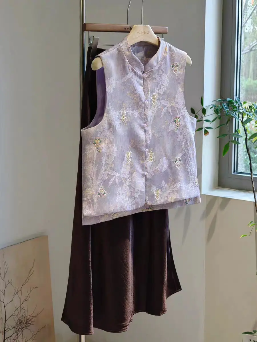 

New Chinese Sle Purple Gourd Embroidered Women's Vest Spring 2026 New Light Purple National Sle Outdoor Wear oulder Pad...