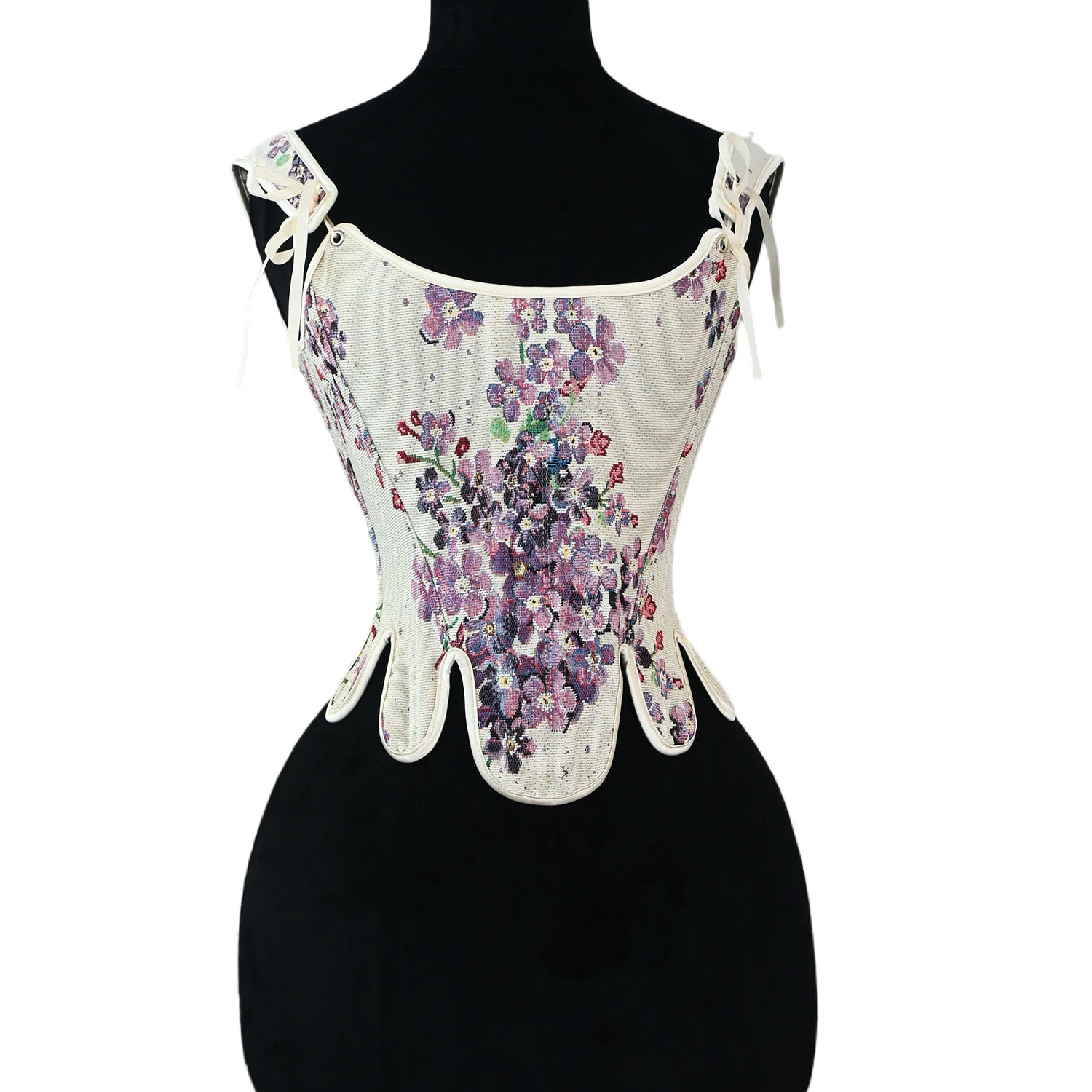 Women Petal‑Design Overbust Corset Crop Tops Vintage Floral Print Bustier Lace‑up Boned Bodice Stage Costume