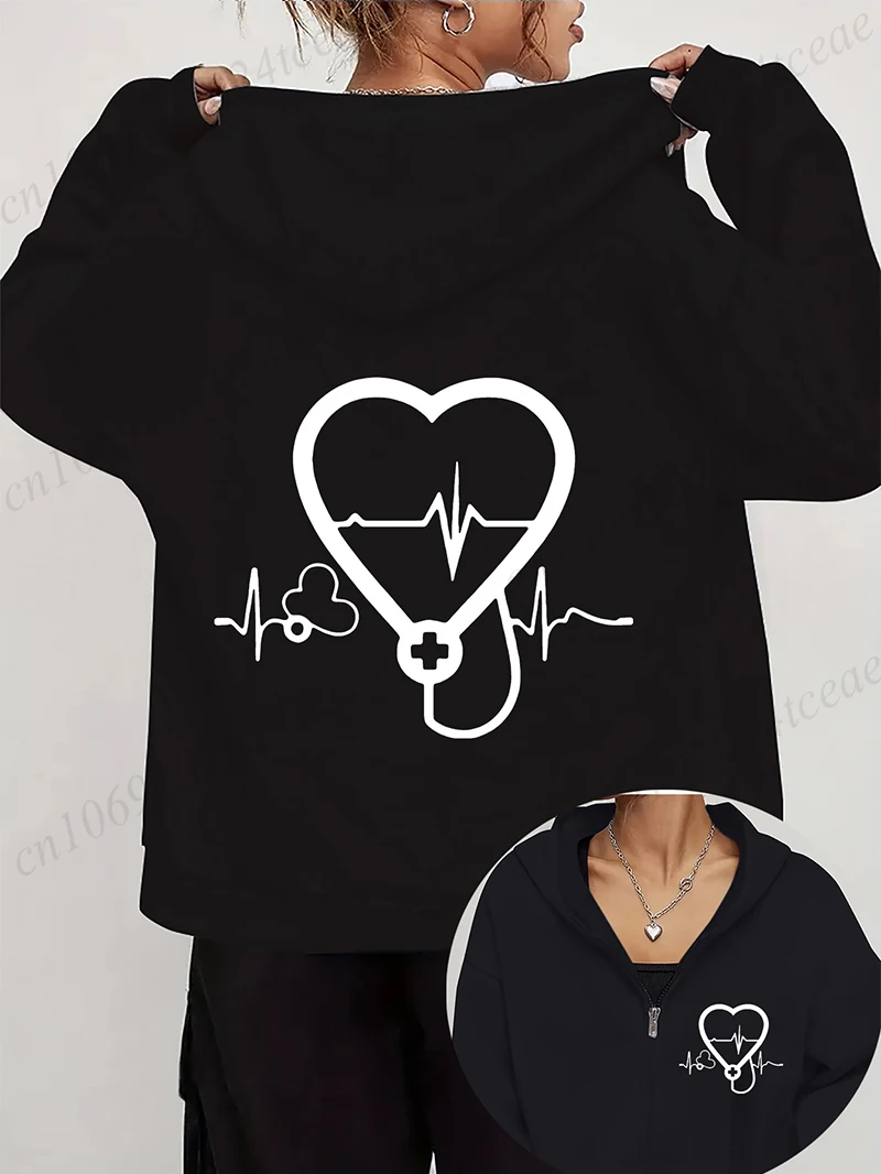 المرأة الخريف الشتاء هوديس السماعة EKG سحاب مطبوع جاكت مزود بغطاء للرأس التمريض سستة جيب البلوز ممرضة الحياة أبلى