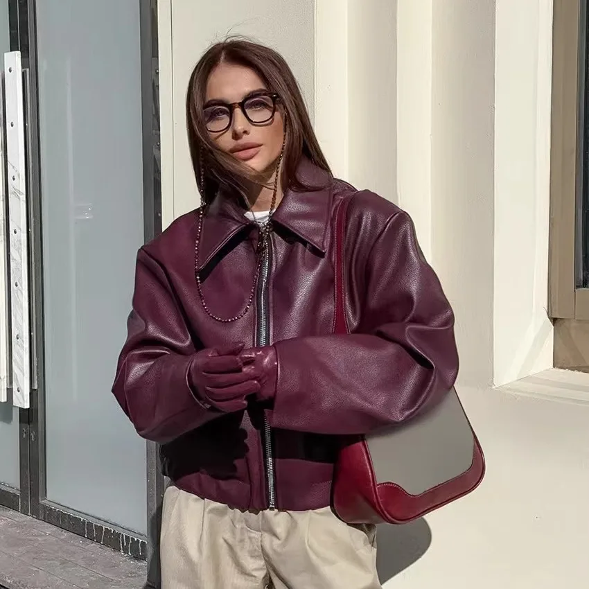 Luźna kurtka motocyklowa ze skóry PU, zapinana na zamek, wygodny krój, długi płaszcz dla kobiet, styl casual, do dojazdów do pracy, modna.