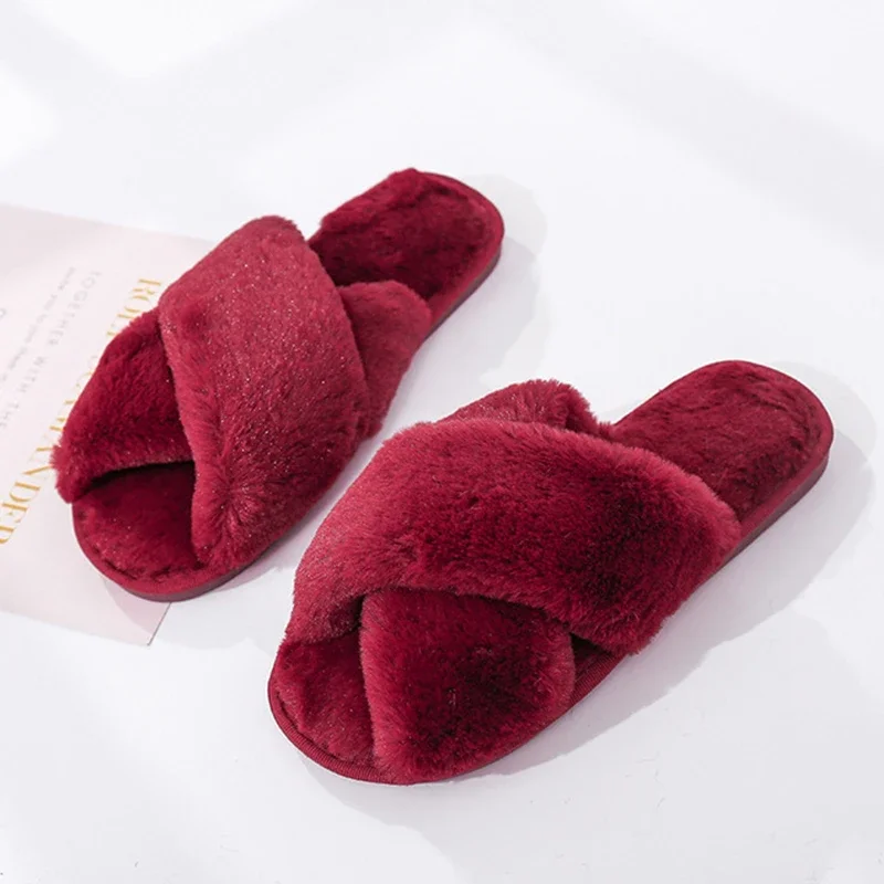 Winter Women House Slippers Faux Fur Fashion Warm Shoes Woman Slip on Flats Female Slides Black Pink cozy home furry slippers image 3