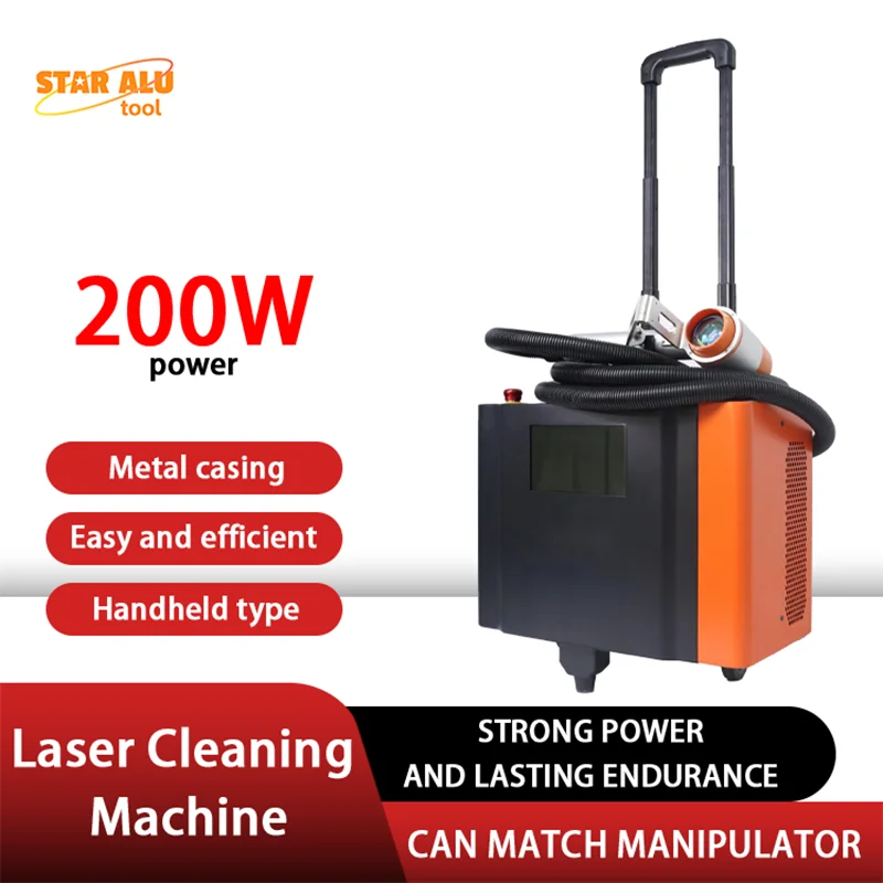 Macchina per la pulizia laser portatile da 200 W Dispositivo per la rimozione della ruggine Spellafili per vernice Detergente per superfici in legno e metallo Mini design del carrello