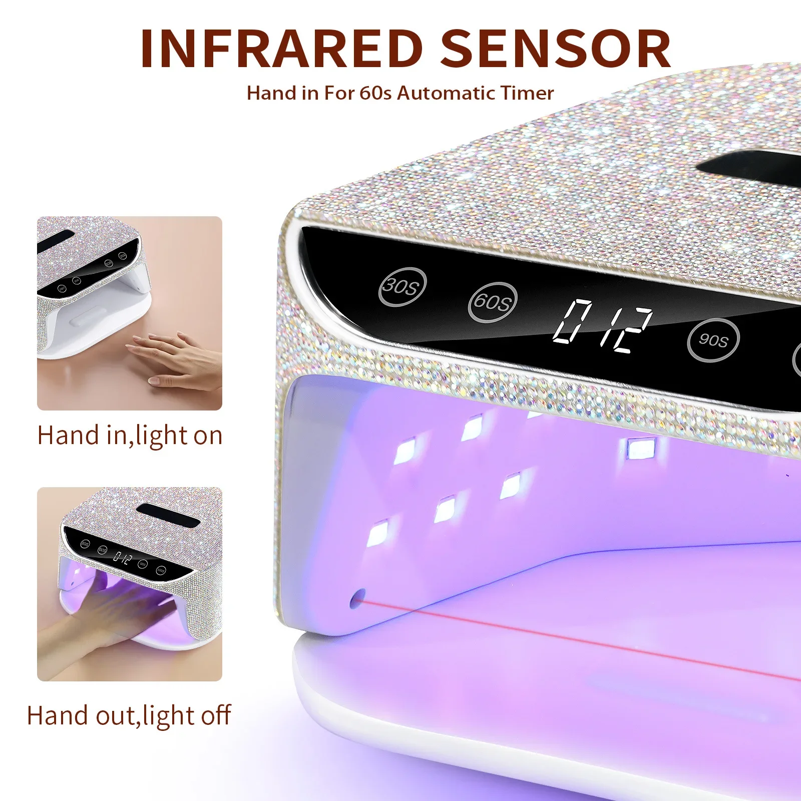 Prego recarregável secagem lâmpada com strass, sem fio Gel polonês máquina de secagem, manicure com alça, sem fio UV lâmpada LED