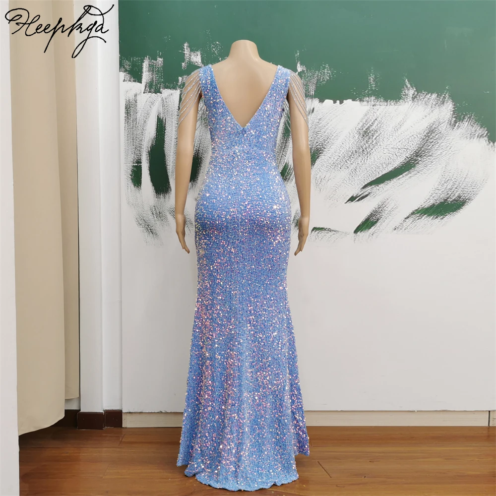 2024 Long Mermaid Baby Blue Evening Dress Side Split V Neck Stretched Sequin Wedding Party Women Formal Gowns For Prom In Stock