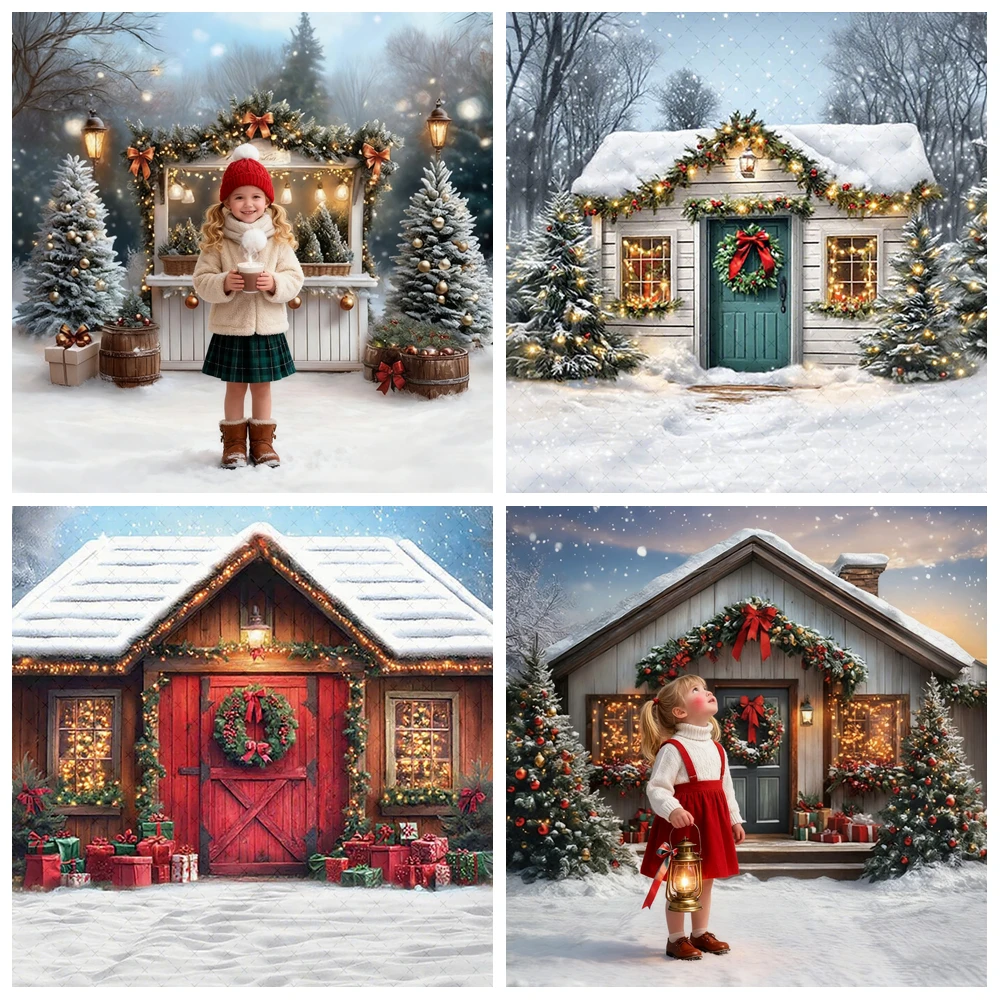 

Winter Christmas Front Door Snowy Forest Photography Background Xmas Kids Family Portrait Decor Backdrop Photo Studio Props