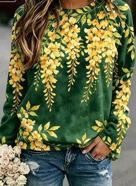 Women's Gradient Floral Print Sweatshirt Ombre Flower Long Sleeve Crew Neck Casual Pullover Top
