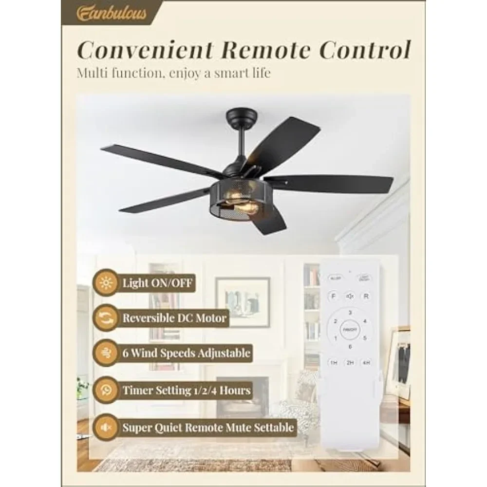 Farmhouse ceiling fan with lights and remote control, 52 inch black industrial cage ceiling fan for bedroom, living room,kitchen