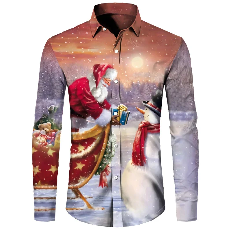 2023 regalo di natale stampa cartone animato nuova camicia a maniche lunghe Party Top capodanno camicia natalizia con risvolto camicia abbottonata XS-6XL