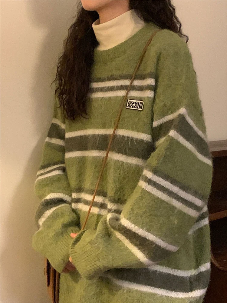 Zoki Oversize Vintage O Neck Striped Sweaters Women Harajuku Japan Knitted Jumper Casual Loose Long Sleeve Lazy Wind Bf Soft Top