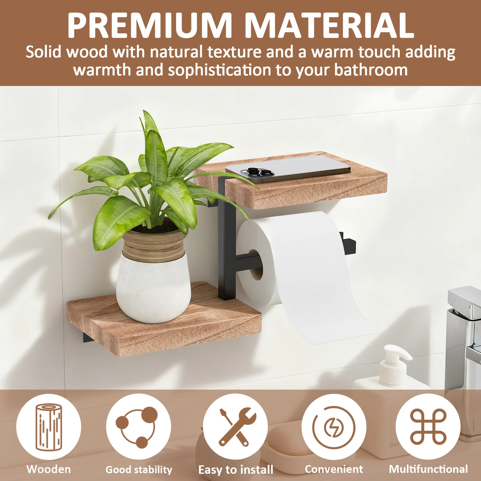 Toilet Paper Holder Wooden Wall Mounted Bathroom Wallpaper Rack Decorative Tissue Roll Dispenser with Shelf Kitchen Accessories
