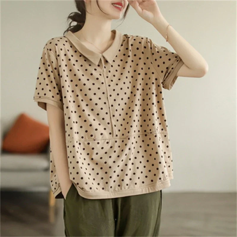 Summer New Fashion Women\'s Polka Dot Print Cotton T-shirt Female Short Sleeve Vintage Patchwork Casual Loose Pullover Daily Tops