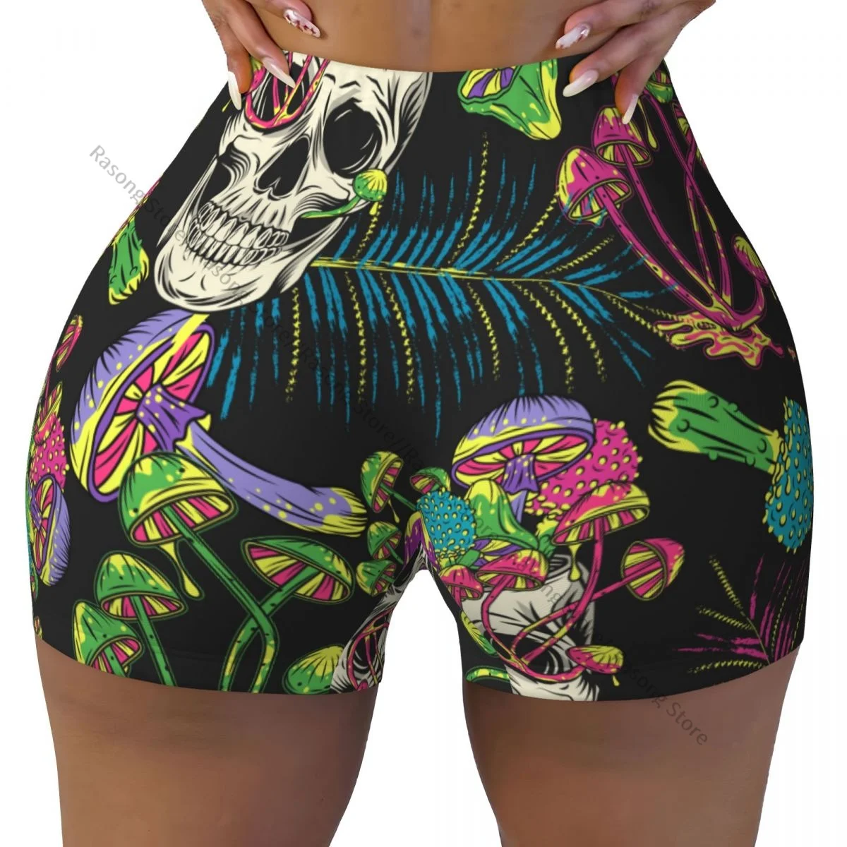 Yoga Shorts Crazy Mad Skull Magic Mushrooms Hippie Women Biker Tight Elastic Workout Sports Leggings Sportswear