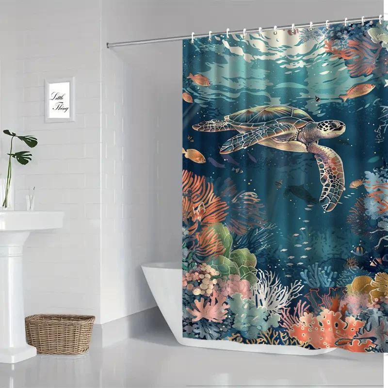 

Занавеска в виде черепахи Ocean Life: удерживает подводный дизайн, мягкая ткань и морскую атмосферу для вашей ванной комнаты.