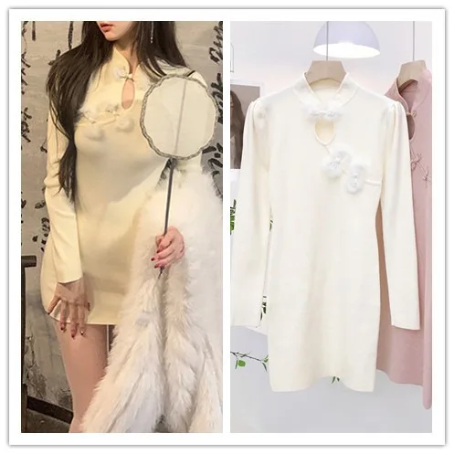 7159 Wiosenna Sukienka w Stylu Zen z Kołnierzykiem Cheongsam, Pluszowymi Guzikami, Ażurowym Wzorem, Krótka Sukienka z Wysokim Stanem dla Kobiet