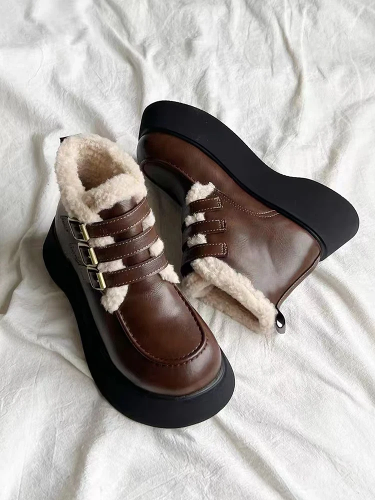 2024 New Snow Boots For Women Female Shoes Winter Plush Round Toe Flat Heel buckle strap Leather Warm Girl Boots Fur Shoes 41