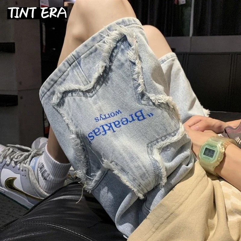 TINT ERA Y2K Mens Streetwear Breeches Star Korean Haruku Pocket Denim Hip Hop Cargo Short Pants Grunge Bermudas Jeans Shorts