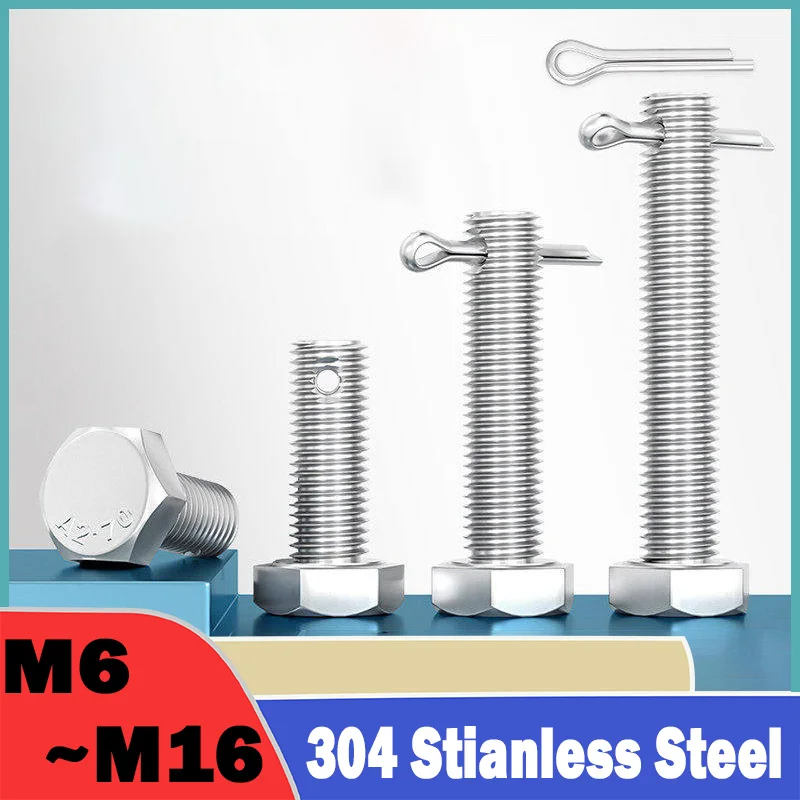 1/2/5pcs M6 M8m10 M12 M14 M16 304 Stainless Steel Tail With Hole Outer Hexagonal Screw/perforated Bolt Fitted With An R-type Pin