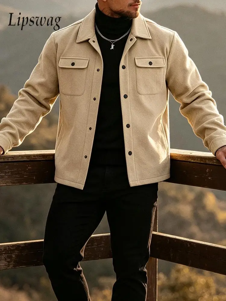 Fashion Mens Turn-down Collar Woolen Jacket 2026 Autumn Streetwear Casual Long Sleeve Button-up Coats Men Classic Outerwear