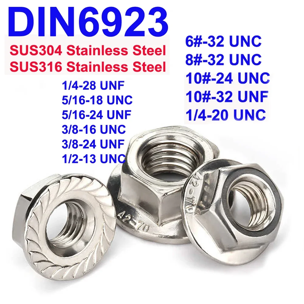 

DIN6923 6# 8# 10# 1/4 5/16 3/8 1/2 UNC UNF A2/A4 Stainless Steel Hexagon Nuts with Flange Pinking Automatic Serrated Nuts
