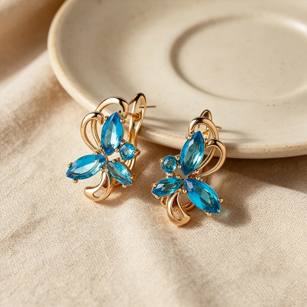 Catuni Blue Crystal Flower Earrings Women's 585 Rose Gold Diamond Earrings Elegant And Exquisite Party And Daily Wear Jewelry