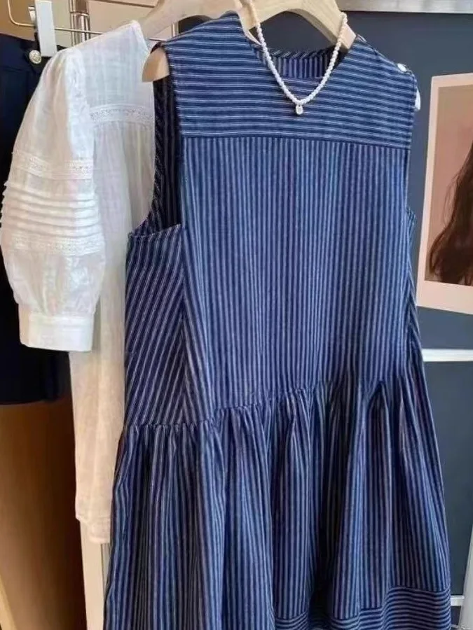 한국 스타일 코튼 린넨 블루 스트라이프 민소매 셔츠 드레스 여성 디자인 여름 느슨한 다목적 조끼 드레스 여성