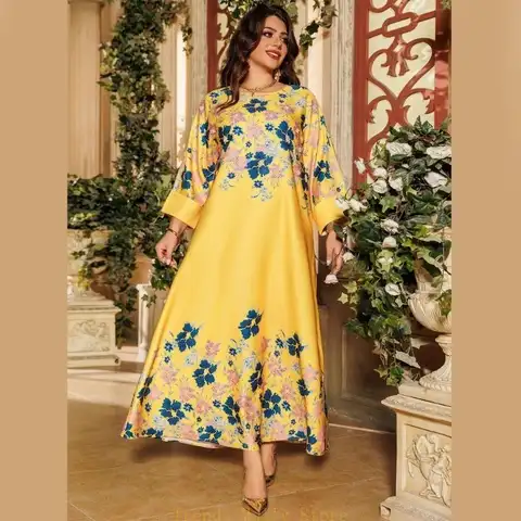 N5KB Full Length Kaftan Dress for Women, Islamic Kaftan Dress Flower PrintDress Islamic Robe Daily Casual Dress