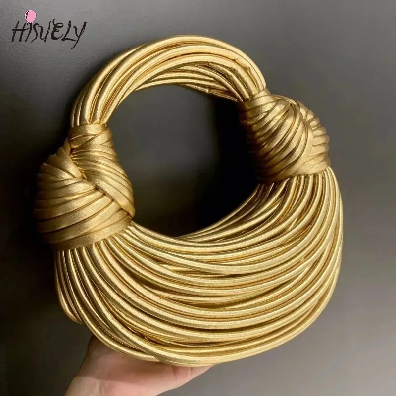 

HISUELY Handbags for Women 2025 Gold Luxury Designer Handwoven Noodle Bags Rope Knotted Pulled Hobo Silver Evening Clutch Chic