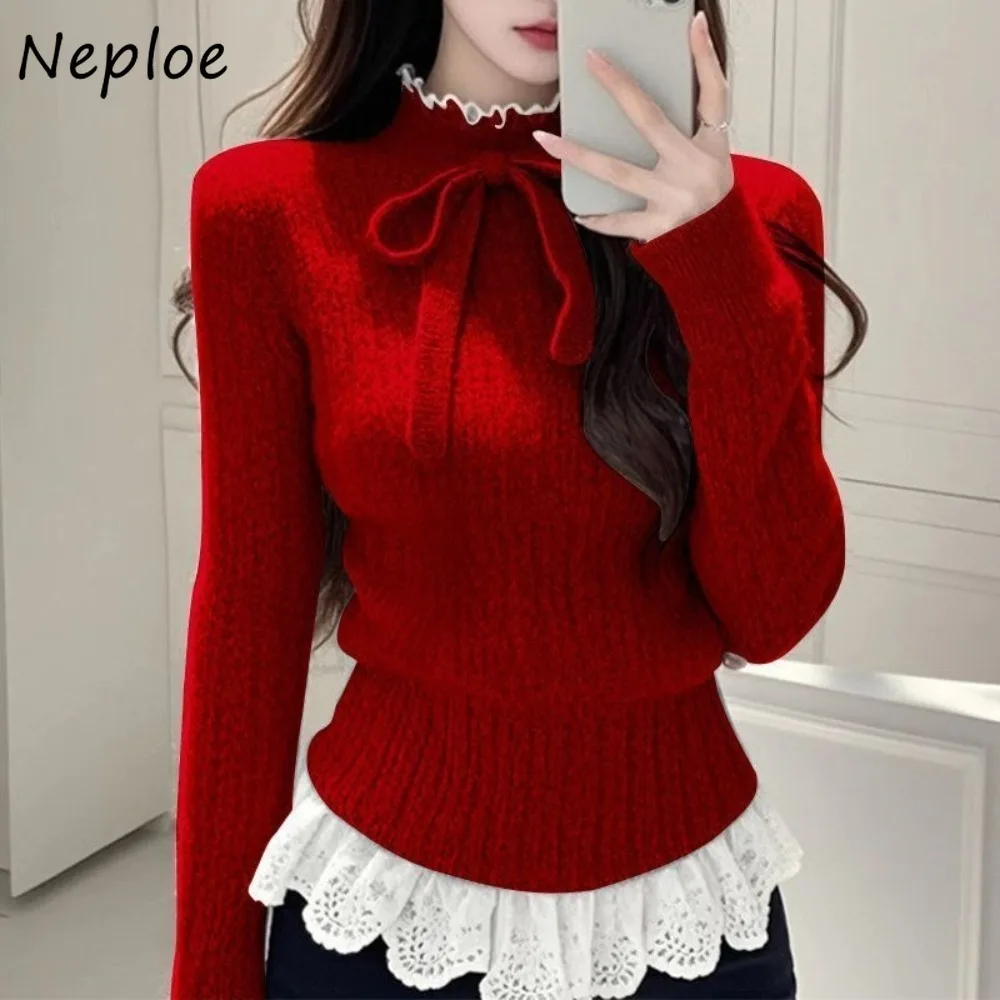 

Neploe Lovely Sweet Minority Panelled Sweaters Slim Lazy Early Autumn French Pull Femme Lace Patchwork Bow All-match Casual Tops