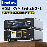 Unnlink 8K 60Hz HDMI KVM Switch 4K 120Hz USB C USB 3.0 KVM Switcher 2 PCs Sharing 1 Monitor, Mouse, Keyboard, Support 3D, HDR