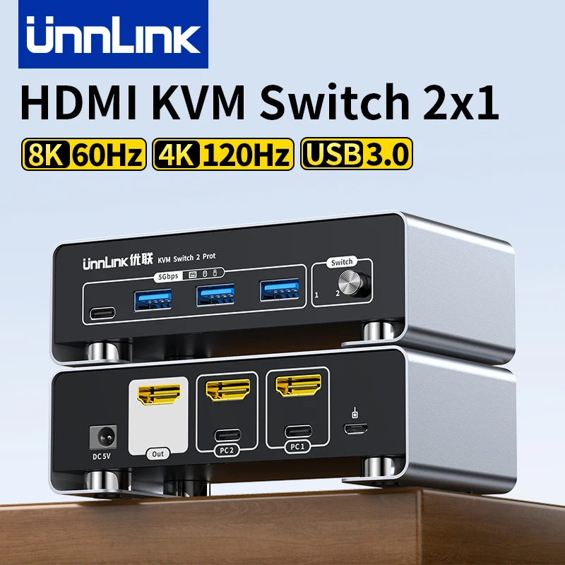 Unnlink 8K 60Hz HDMI KVM Switch 4K 120Hz USB C USB 3.0 KVM Switcher 2 PCs Sharing 1 Monitor, Mouse, Keyboard, Support 3D, HDR