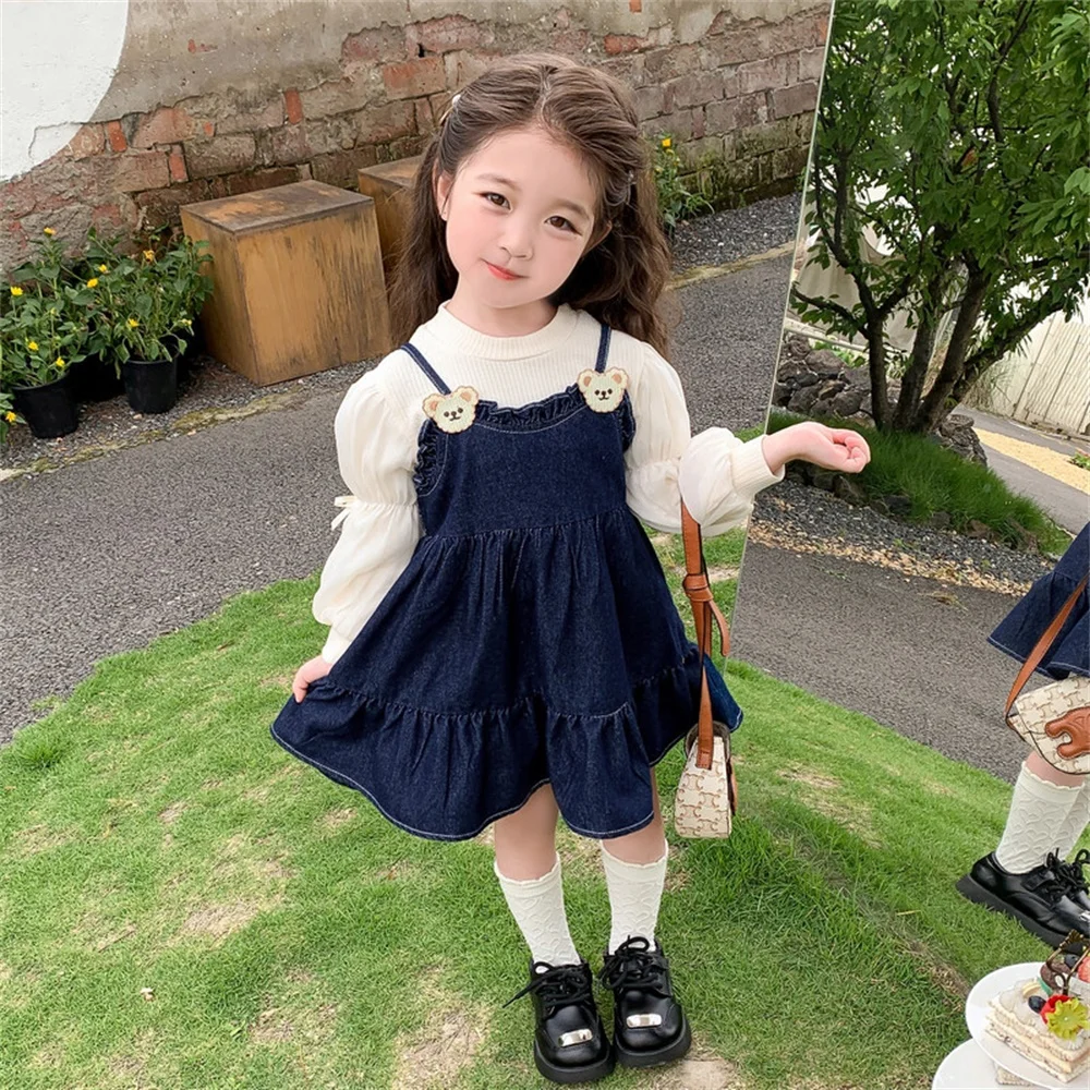 

Autumn Kids Girls Dress Cute Baby Denim Bear Appliqued Suspenders Dress + Puffy Sleeve Top Long Sleeve Princess Dress 2PCS Sets