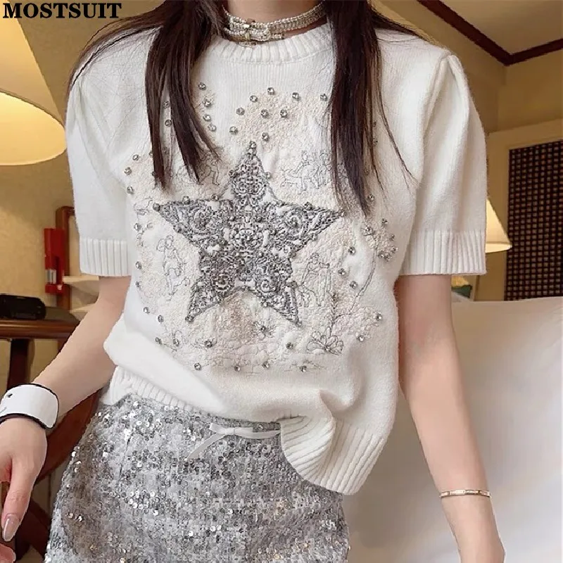 Diamonds Sweater For Women Star Embroidery Stylish Vintage Elegant Pullover Tops 2024 Summer Short Sleeve O-neck Jumper Knitwear