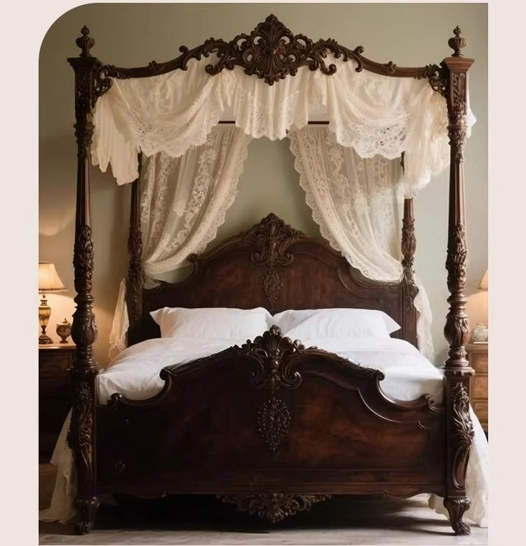 Heavy craft hand-carved solid wood bed, Roman column four-poster double bed