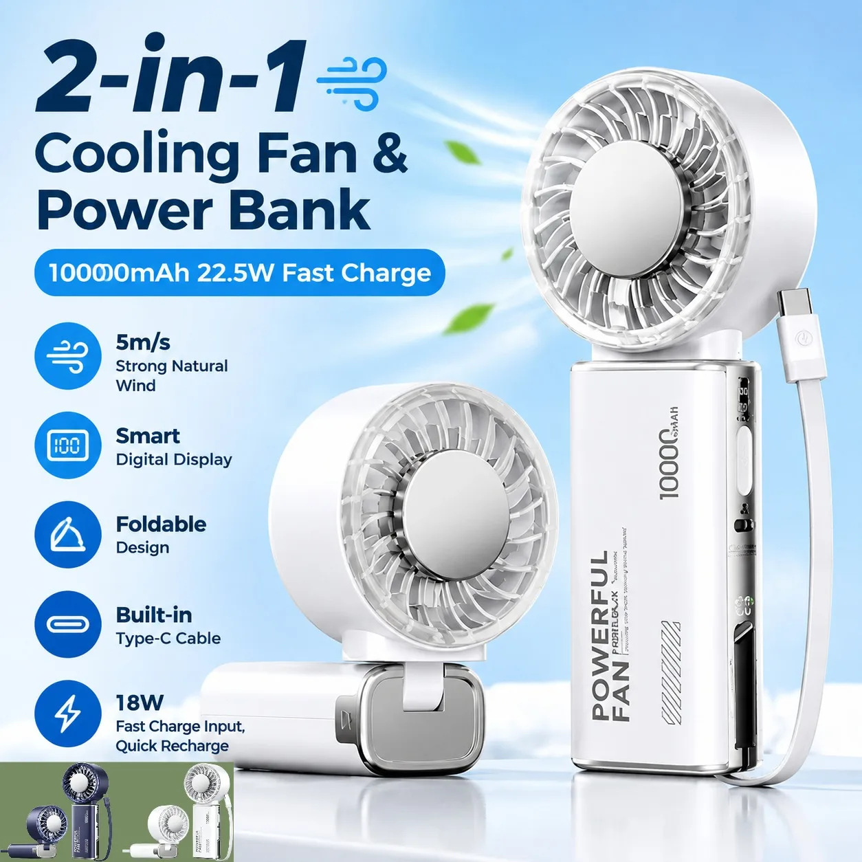 REMAX Handheld Fan Power Bank 10000mAh Semiconductor Cooling 22.5W Fast Charging 5m/s Wind Digital Display Built in Cable Foldab