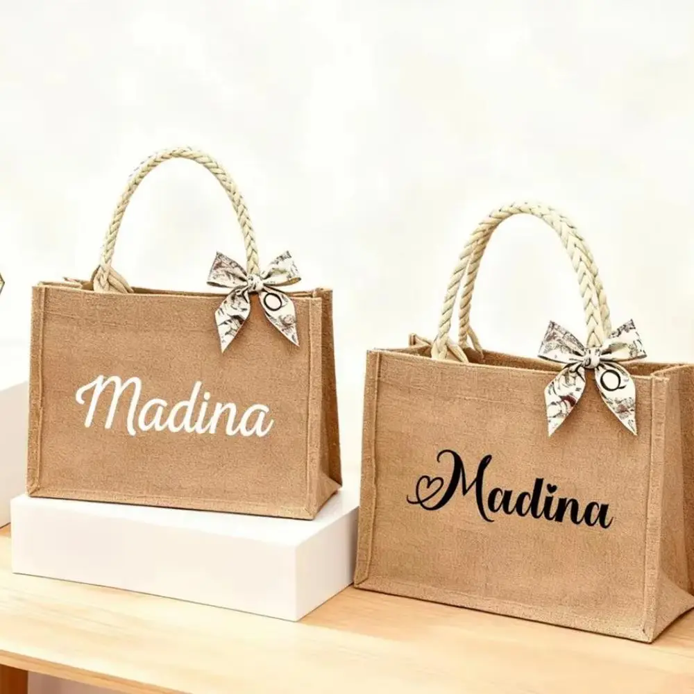 Natural Raw Linen Tote Bag Personalized Custom Name Script Print Female Users Daily Grocery Office Commute Weekend Outfit Gift