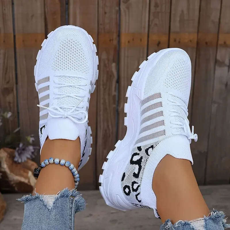 Women's Spring Autumn Knitted Thick Sole Sneakers Leopard Print Patchwork Breathable Flying Woven Lace‑Up Casual Walking Shoes