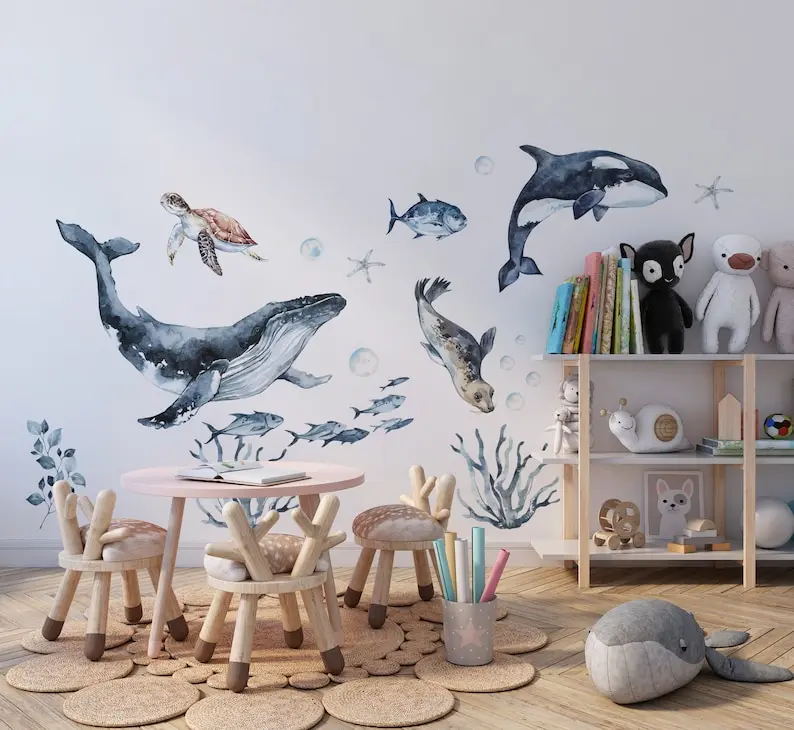 Ocean Animals Wall Decal for Kids and Nursery, sea animals wall sticker, Sticker Set Dolphin, seal, sea Turtle, Watercolor Peel