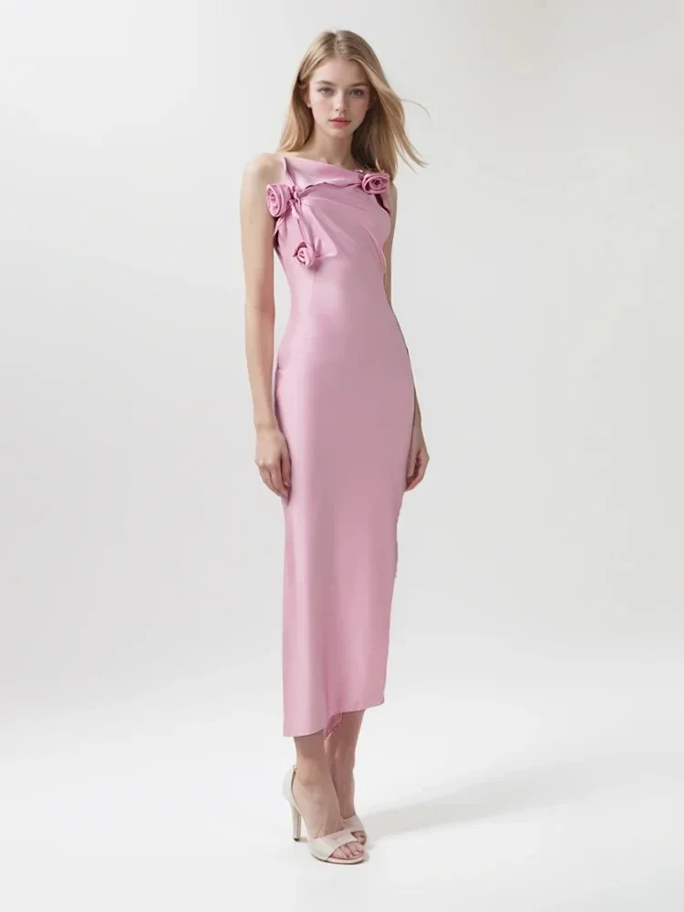 Seksowna sukienka z wyciętymi kwiatami, patchworkowa, długa sukienka damska, różowa, bez rękawów, asymetryczne wycięcia, wąskie sukienki, elegancka wieczorowa impreza koktajlowa