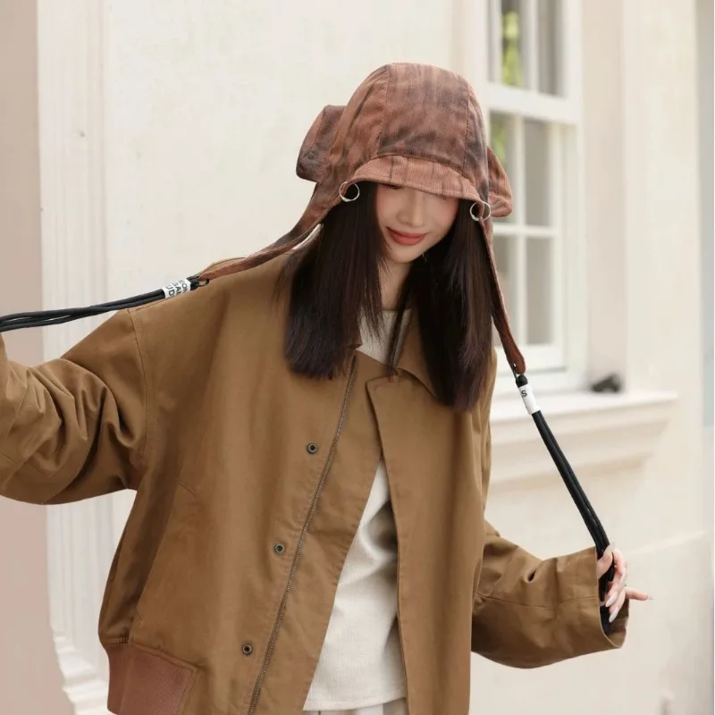 American Dark Style Retro Tie-Dye Kordelzug Riemen Bomber Hüte für Männer und Frauen Frühling Herbst Lässige vielseitige Nischenpilotenkappe