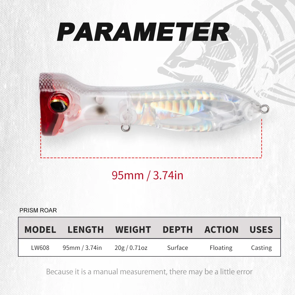 Hunthouse Topwater Floating Popper Fishing Lure PRISM ROAR Hard Bait 95mm 20g Artificial For Pike SeaBass Saltwater Fish Tackle