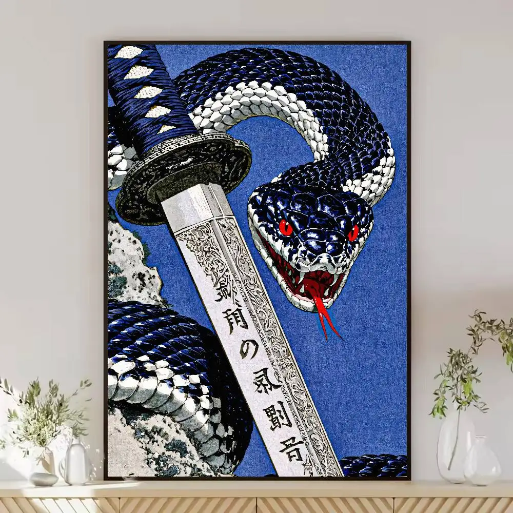Japanese Style Black Snake Katana Poster Vintage Ukiyo-e Art Print Red Eyes Serpent Samurai Sword Bedroom Decor Unframed
