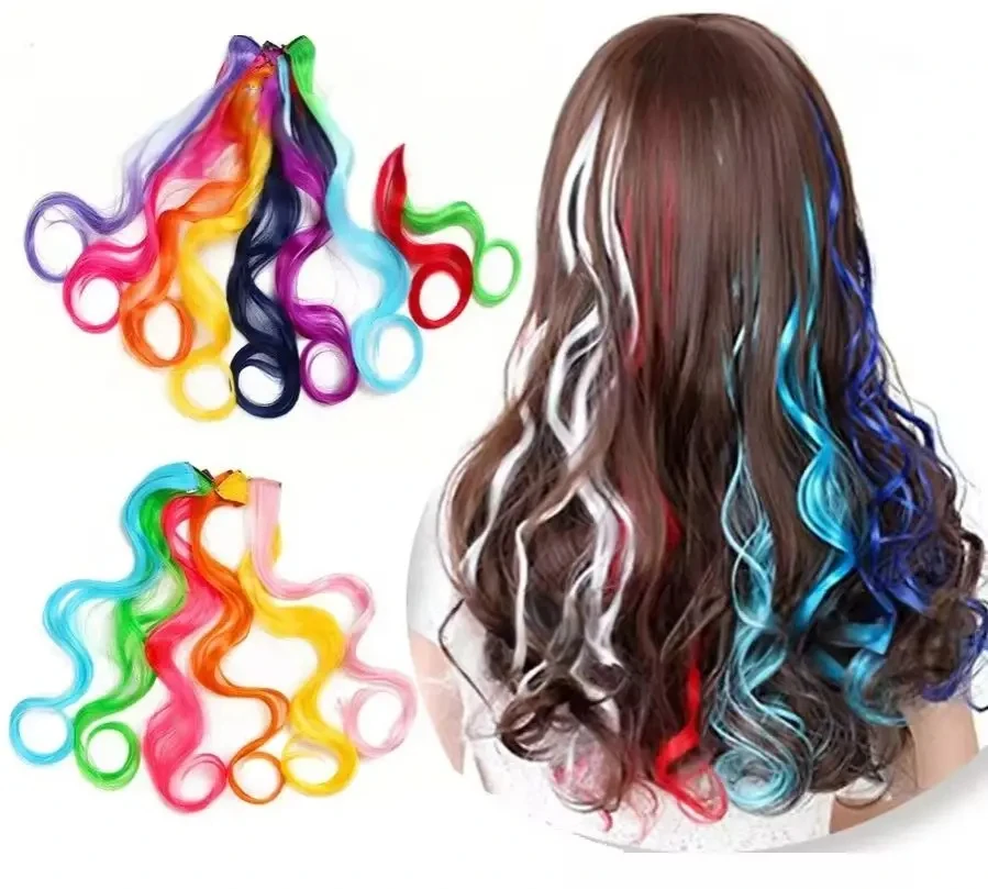 22 Inch Colourful Curly Wavy Party Highlights Colored Hair Extensions Clip in Synthetic Hairpiece Streak for Girls Women