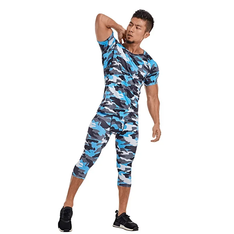 Men Short Sleeve Boxing Jersey Male GYM Fitness Tee Tops + Capri Leggings Sport Running Set Skiing Basketball Football Suit A64