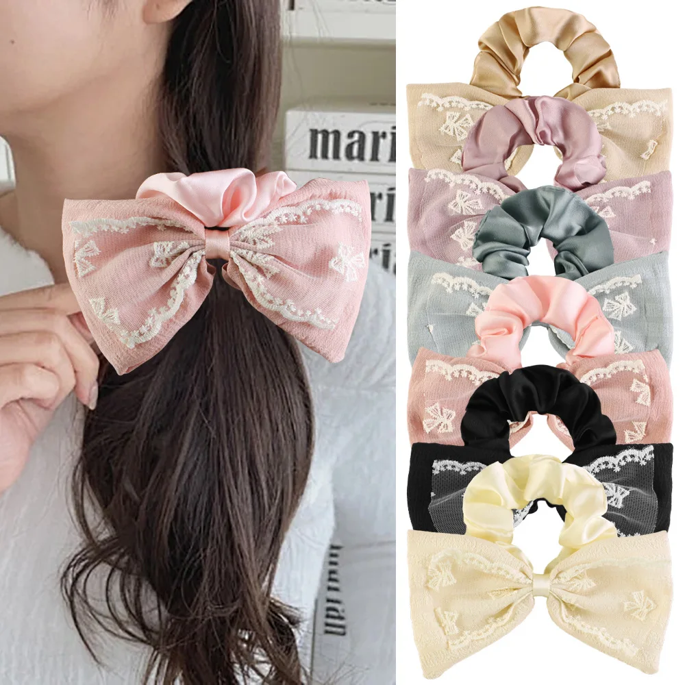 French Retro Satin Bow Hair Band for Women's Large Sweet Ponytail Headband Solid Color Rubber Band Girl Hair Accessory
