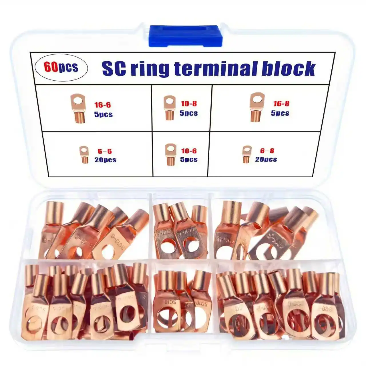 60PCS battery lug, ring terminal sorting tool kit, battery cable end/terminal connector, suitable for vehicles, ships, power dis
