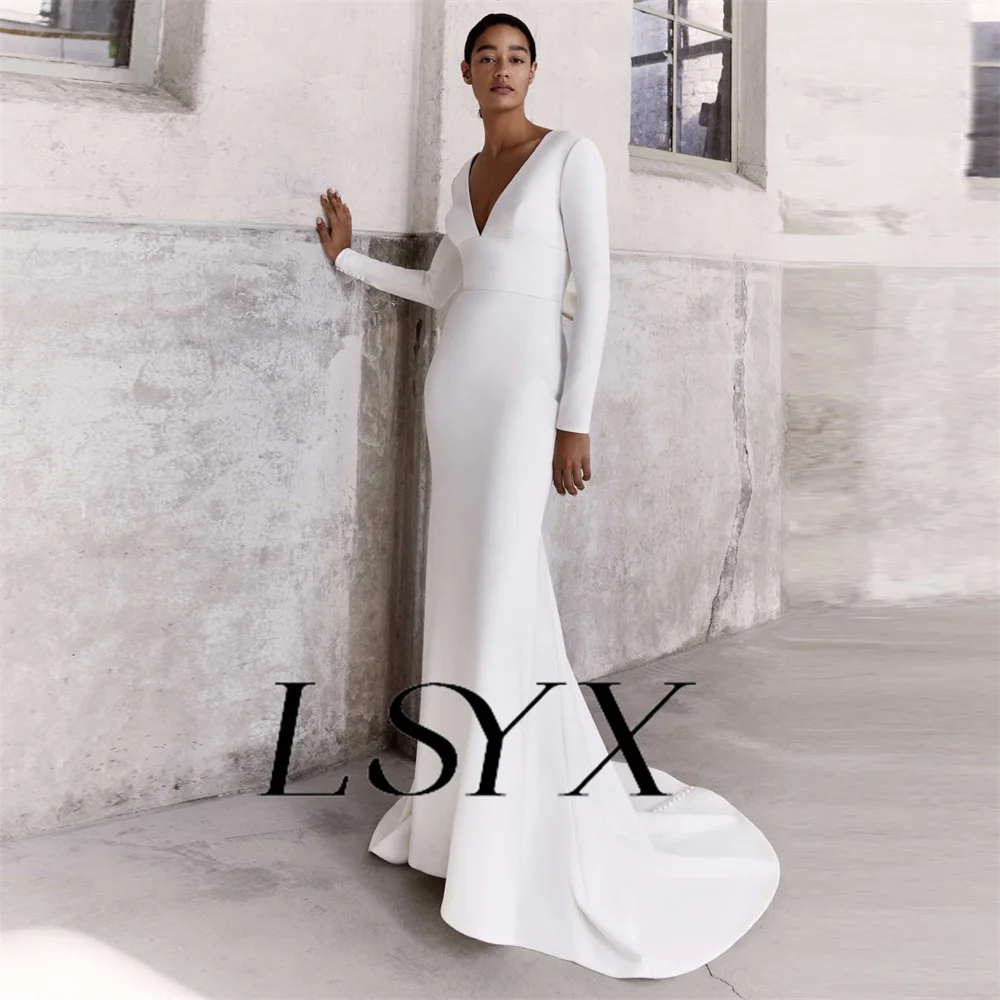 LSYX Deep V-Neck Simple Long Sleeves Mermaid Wedding Dress Elegant Open Back Bow Floor Length Bridal Gown Custom Made