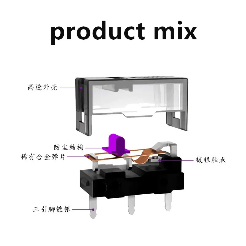 1Pcs KaiLong Mouse Micro Switch Purple Gold Pink Dot 150 Millions Click Lifetime Black Transparent 100Millions Click Lifetime