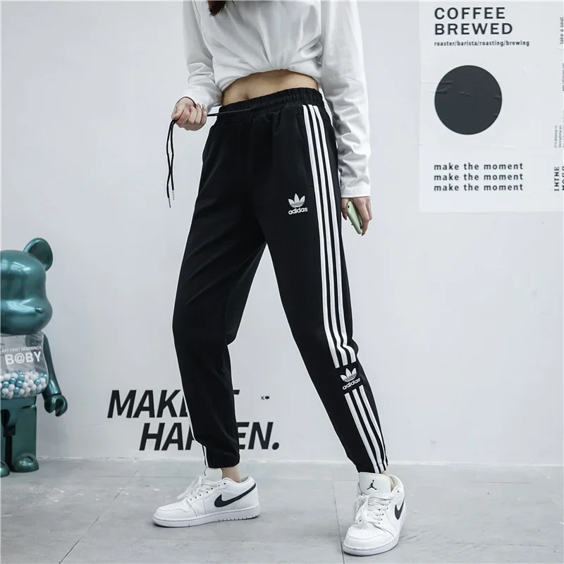 Adidas Breathable Trousers Men and Women Autumn Popular Cotton Striped Outdoor Loose Sweatpants Black Grey
